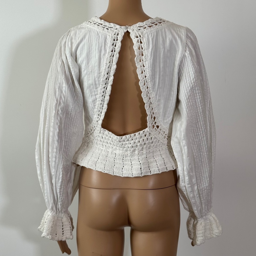 Free People Megan Crochet Knit Top Ivory Long Sleeve Peplum Blouse White Size S - Picture 4 of 14